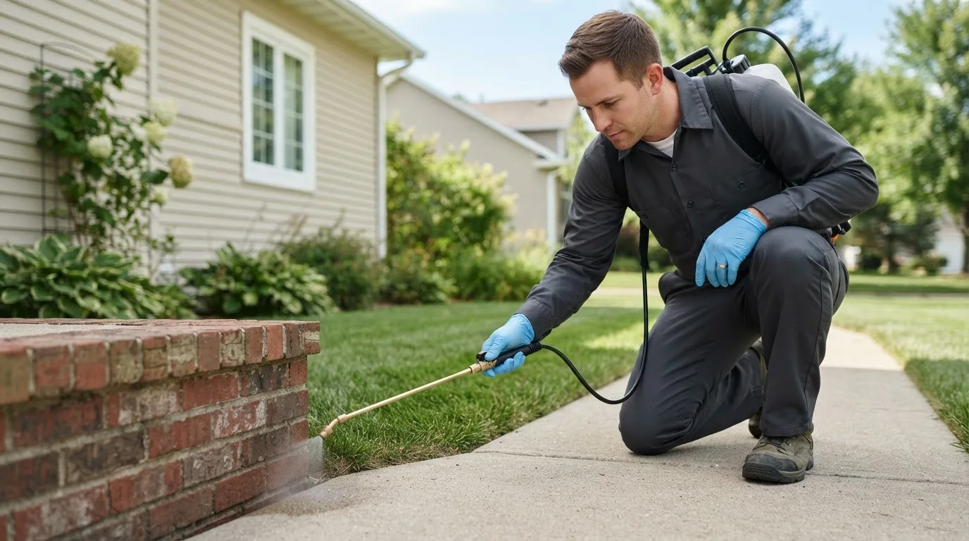 Pest control technician treating a home near Whittemore, IA