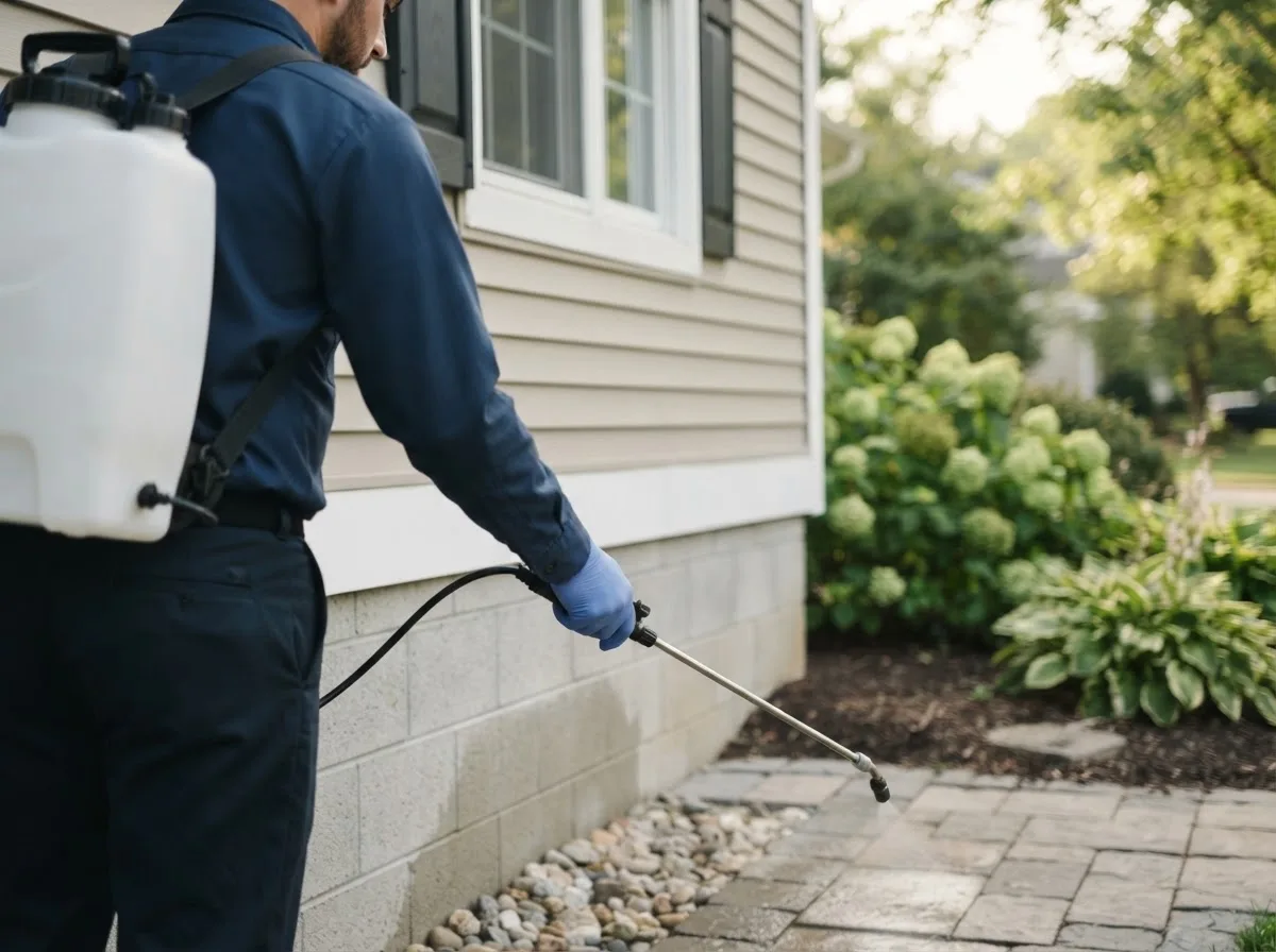 Pest control technician inspecting a home in Whittemore, IA
